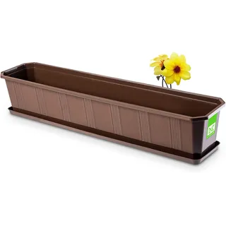 KADAX Blumenkasten 80 cm, Braun – Pflanzkasten mit Untersetzer, rechteckiger Blumentopf aus Kunststoff, Pflanzgefäß für Innen- und Außenbereiche, Balkon und Terrasse