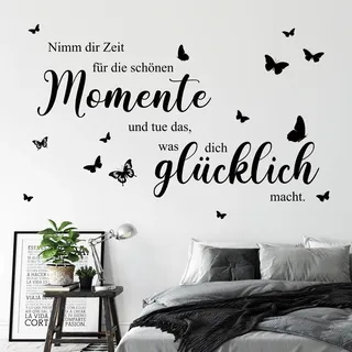 decalmile Wandtattoo Sprüche Nimm dir Zeit für die schönen Momente Wandaufkleber Glücklich Sprüche und Zitate Schwarz Schmetterlinge Wandsticker Schlafzimmer Wohnzimmer Esszimmer Wanddeko