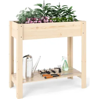 COSTWAY Hochbeet mit Ablage & Entwässerung, Erhöhtes Gartenbeet Holz, Pflanzkasten, Gemüsebeet Kräuterbeet groß 81 x 37 x 77 cm Natur - Naturbelassen