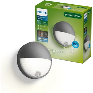 Philips Capricorn Außenwandleuchte, ultra-effizient, 800 lm, 2700 K, PowerShield, IP44 wetterfest, langlebig, Aluminium, Bewegungsmelder, integrierte LED, Anthrazitgrau