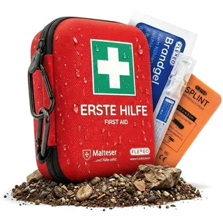 FLEXEO Erste Hilfe Set “Traveller” | 50-teilig | Inkl. Brandgel, Augenspülung, Fingerschiene | im Hardcase mit Karabinern | Ideal für Outdoor, Reisen, Fahrrad & Sport
