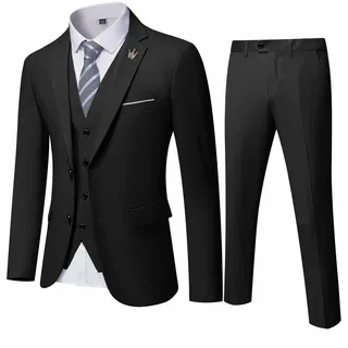 MY'S Herren 3-teiliges Slim-Fit-Anzug-Set, 2-Knopf-Blazer-Jacke, Weste, Hose mit Krawatte, solides Hochzeitskleid, Smoking und Hose, Schwarz, Large