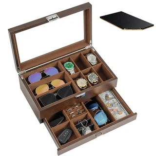 ProCase Uhrenbox aus Holz mit 6 Fächern, Uhren und Sonnenbrillen Aufbewahrung mit 2 Ebenen, Schmuckkästchen für Herren, Uhrenkasten mit Glasdeckel -Espresso