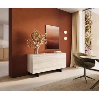 DELIFE Sideboard Cuor 150 cm Keramik Laminam® Travertino Bianco Creme-Weiß 3 Türen Fuß Schwebeoptik Metall Schwarz - Creme, Weiß
