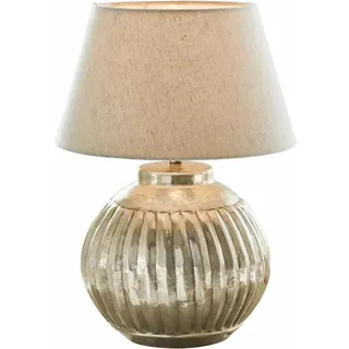 LOBERON Tischlampe Lillemor, antiksilber/creme | Eleganter Stoffschirm, Aluminiumfuß mit Antiksilber-Finish, Von Hand gestaltete Längsrillen