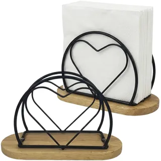 2PCS Serviettenhalter Schwarz, Herzförmiger Halter aus Metall und Holz, Für Zuhause, Küche, Restaurant, Café und Büro, Praktische Tischdekoration und Geschenkidee