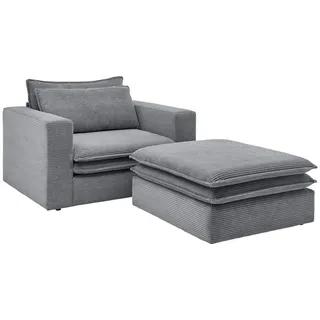 Furn.Design Loveseat Set grau Cord, Loungesessel inklusive Hocker , Holz, Textil , Nachbildung , 176x83x125 cm , Wohnzimmer, Sessel, Polstersessel