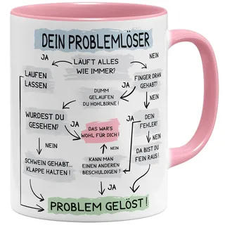 OM3® lustige Problemlöser Kaffee-Tasse mit Spruch - Problemlösung auf der Arbeit - Flowchart Diagramm - Keramik Becher - 11oz 325ml - Beidseitig Bedruckt - Rosa