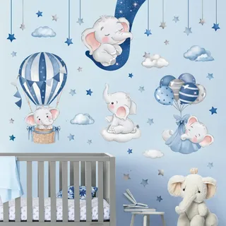 decalmile Wandtattoo Elefanten auf Mond Blau Wandaufkleber Heißluftballon Wolken Sterne Wandsticker Kinderzimmer Babyzimmer Spielzimmer Wanddeko