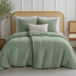 Dreamzie Musselin Bettwäsche 135x200 cm aus 100% Baumwolle – Bettwäsche Set mit 2 Bettbezüge und 2 Kissenbezüge 80x80 cm – Oeko-Tex Bettwäsche mit Reißverschluss – Grün