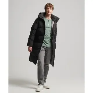 Superdry für Herren. M5011784A Langer Steppmantel mit schwarzer Kapuze (S), Lässig, Recyceltes Polyester, Nachhaltig