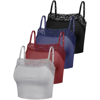 Bencailor 4 Stück Damen Camisole Crop Tops mit Spitzenbesatz Spitzen Cami Tops für Mädchen(Grau, Weinrot, Marineblau, Schwarz, M)
