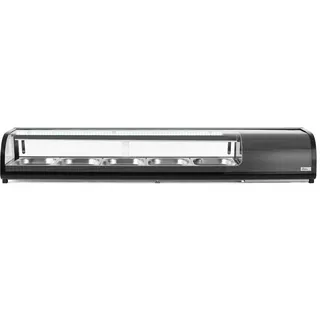 HENDI Sushi-Kühlvitrine, Arktic, mit 5x GN1/2 Behälter, Temperaturbereich: 0° bis 12°C, LED-Beleuchtung, Sushi-Kühlschrank, 230V/190W, 1800x420x(H)265mm, Edelstahl, ABS, Glas, schwarz