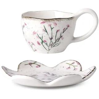 Keramik Kaffeetassen und Untertassen Set, Vintage-Design, Porzellan mit Blumenmuster, 280ml Cappuccino Tassen Set, Milchtasse Espressotasse Set Teeservice Geschenk Becher Set (Weißer Lavendel)