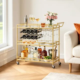 Vevor Barwagen mit 3 Ebenen, Servierwagen mit Glashalter, Weinablage & Griff, Getränkewagen als Rollwagen für Wohnzimmer, Esszimmer und Küche, Küchenwagen in Goldfarben 880 x 380 x 890 mm