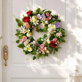 KUWUNG Türkranz Sommer 40cm Künstlicher Blumenkranz mit Pfingstrosen Lilien Ganzjährig, Deko Haustür Frühling Modern, Sommerkranz für Außenbereich Wand Fenster Deko