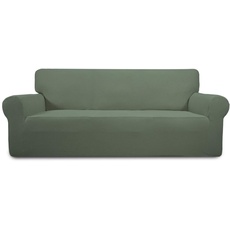 Greatime Stretch Sofabezug Sofaüberwurf Möbelschutz Sofaüberzug Couchbezug Couch Schild Sofahusse Weich mit Gummiband Schaumstreifen (Übergroß-3-Sitzer, Gräulich Grün)