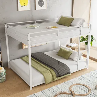 Etagenbett mit 2 Schlafgelegenheiten, Lattenrost und Leiter, 140x200 cm, Kinderbett mit Rausfallschutz, Metallbett - Weiß
