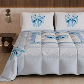 PETTI Artigiani Italiani Winterbettdecke 270 × 260 cm, Hellblaue Schleife | wendbare Steppdecke aus Mikrofaser mit Digitaldruck, 300 g/m2, aus Italien
