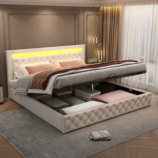 FAVSH Polsterbett 180x200 cm mit Stauraum, Doppelbett mit hydraulischem Bettkasten und Lattenrost, PU-Lederbett mit LED-Beleuchtung, Modernes Bettgestell für Schlafzimmer und Gästezimmer, Weiß