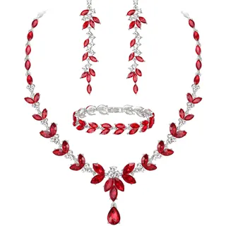 EVER FAITH Schmuckset Österreichisches Kristall Braut Schmuck-Set, Elegante Marquise Strass Blatt Halskette mit baumelnden Ohrringen Tennis-Armband-Set, Rot Silber-Tone