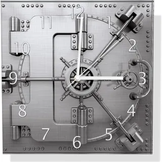 Wallario Design Wanduhr Tresortür mit Öffnungsmechanismus aus Aluverbund, Größe 30 x 30 cm - Weiß