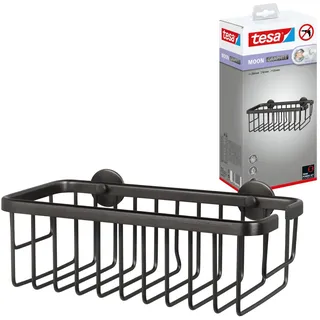tesa Moon Graphite Duschablage - 250 mm x 92 mm x 125 mm | Duschkorb zur Wandbefestigung ohne Bohren - extra tief, einstöckig, aus PVD-beschichtetem Metall - inkl. Klebelösung