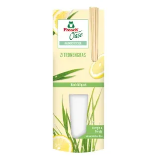 Frosch Oase Raumerfrischer, NFP 90 ml, Nachfüllpack = 1 x 90 ml Beutel + 5 Rattanstäbchen, Zitronengras