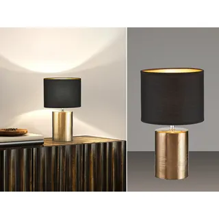 LED Tischlampe Keramikfuß Bronzefarben Stoffschirm Schwarz innen Gold, Höhe 35cm
