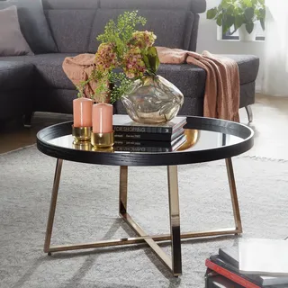 FineBuy Couchtisch Rund Gold Wohnzimmertisch Spiegel Glas Beistelltisch Schwarz - Schwarz