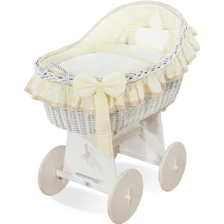 Carina Weiden-Babykorb mit Weidenschuppen, weiß + cremefarbene Bettwäsche