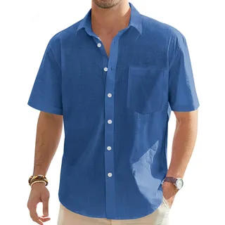 J.VER Herren Baumwolle Leinen Kurzarm Shirts Casual Leicht Button Down Shirt Strand Sommer Tops mit Tasche, Denim Blau, 3X-Groß