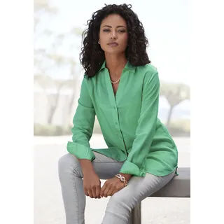 Hemdbluse LASCANA "mit V-Ausschnitt aus weicher Webware mit Leinenanteil", Damen, Gr. 44, grün (apfelgrün), Web, Obermaterial: 58% Viskose, 28% Baumwolle, 14% Leinen, unifarben, figurumspielend hüftbedeckend, V-Ausschnitt, 2-Knopf-Manschette, Blusen Hemdbluse, Damenbluse mit langen Ärmeln, lockere Leinenbluse, Sommerbluse, Topseller