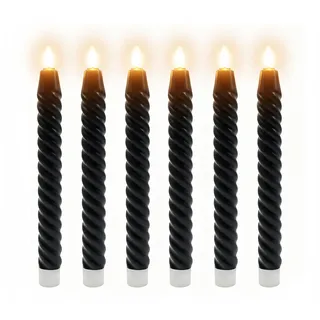 Relaxdays LED Stabkerzen, 6er Set, HxD: 25 x 2 cm, flackernde Flamme, Echtwachs, gedreht, flammenlose Kerzen, schwarz