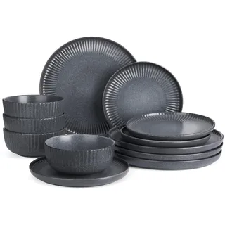 Richmount Starlight Geschirrset, 12-teiliges Teller Set, Geschirrset 4 personen, Geripptes Strukturiertes Geschirr, Mikrowellen & Spülmaschinenfest, Anti-Kratzer, Reaktive Glasur, Matt Schwarzgrau