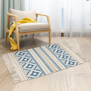MORROWCAMP Boho Teppich klein 58 x 88 cm, Baumwolle Teppich Waschbar mit Quasten, Schmaler Kleiner Baumwollteppich für Wohnzimmer Schlafzimmer Flur, Handgewebter Boho Stil Teppich (Blau)