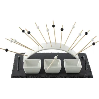Secret de Gourmet Snack Schüssel Set mit Untersetzer Schiefer Porzellan anthrazit weiß 17,5 cm x 29,5 cm x 20 cm - Schwarz