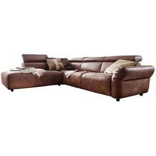 KAWOLA Ecksofa mit motorischer Sitztiefenverstellung Leder braun Recamiere links