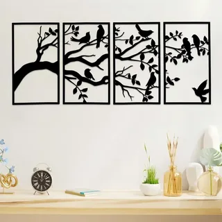 ruelen 4 Stück Große Metall-Vögel und Zweig-Wandkunst, Baum des Lebens, Metall-Wandkunst, schwarze Blätter mit Vögeln, Silhouette, hängende Wandskulptur für drinnen Zuhause, Schlafzimmer, Wohnzimmer