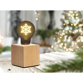 Kleine Tischlampe Würfel Holz 9x9cm mit Deko LED Glühbirne Schneeflocke Gold - Braun