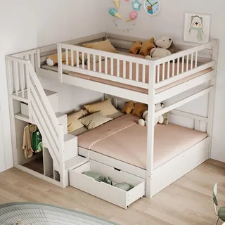 Merax Etagenbett 140x200 cm mit Treppe, Kinderbett für 2 Kinder mit Stauraum, Schubladen und Hohem Geländer, Jungenbett aus Massivholz, Weiß - Weiß