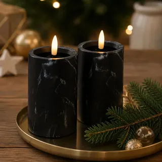 2er LED Kerze Stumpenkerze Marmor Optik flackern Ø7x12,5cm Batterie - Schwarz