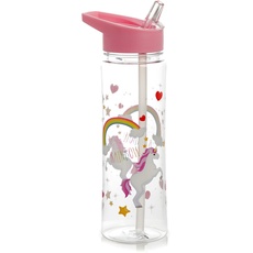 Bild Bruchsichere wiederverwendbare 550ml Plastik-Wasserflasche mit faltbarem Strohhalm - Enchanted Rainbows Einhorn