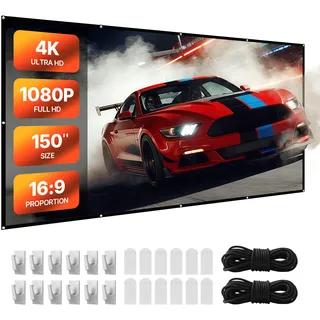 Vevor manuelle Projektionsleinwand Beamer Leinwand, 150 Zoll 16:9 4K 1080 HD, wandmontierte Projektionsleinwand mir mit 12 Haken und doppelseitigen Klebebändern, Filmprojektion für Heimkino