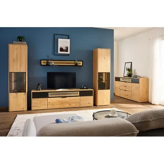 Linea Natura Wohnwand , Schwarz, Eiche Bianco , Metall , Eiche , furniert, massiv , 14 Fächer , 2 Schublade(n) Schubladen , 320x197.6x42 cm , Beimöbel erhältlich , Wohnzimmer, Wohnwände, Komplette Wohnwände