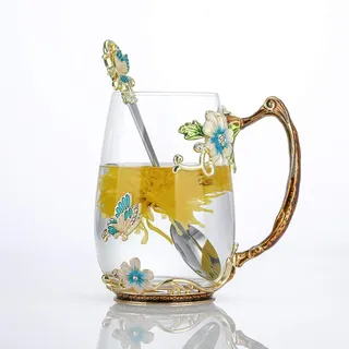 Luka Tech handgemachte Emaille Schmetterling Blume Glas Kaffeetassen Teetasse mit Löffel,personalisierte Geschenke für Frauen freundin Geburtstag Mutter Valentinstag Muttertag muttertagsgeschenk