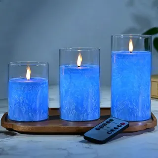 MozkeTo19 Blau Glas Flammenlose Kerzen, LED Kerzen mit Fernbedienung Timerfunktion, Batteriebetriebene Stumpenkerzen, Elektrische Kerzen