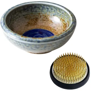 Wazakura Minoyaki Serie Ikebana Essenzielle Utensilien Set- Kleine runde Keramikvase und Kenzan Blumenfrosch für Blumenstecken Arrangements - Braun & Blau Vase + 61mm Messing Kenzan