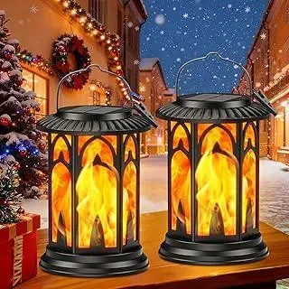 Solarlampen für Außen Hängend, 2 Stück Vintage Solar Laternen für Draußen Fackeln, Solarleuchten für Außen mit Realistischen Flammeneffekt, Weihnachtslaterne Balkon Tisch Garten Halloween Deko
