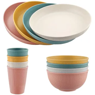 FUNYKICH 12pcs Camping Geschirr Set für 4 Personen, Leicht & Unzerbrechlich & Wiederverwendbar BPA-Frei Geschirrsets mit Teller, Schüssel, Tassen, Geschirr Sets für Picknick, Camping(Bunt)